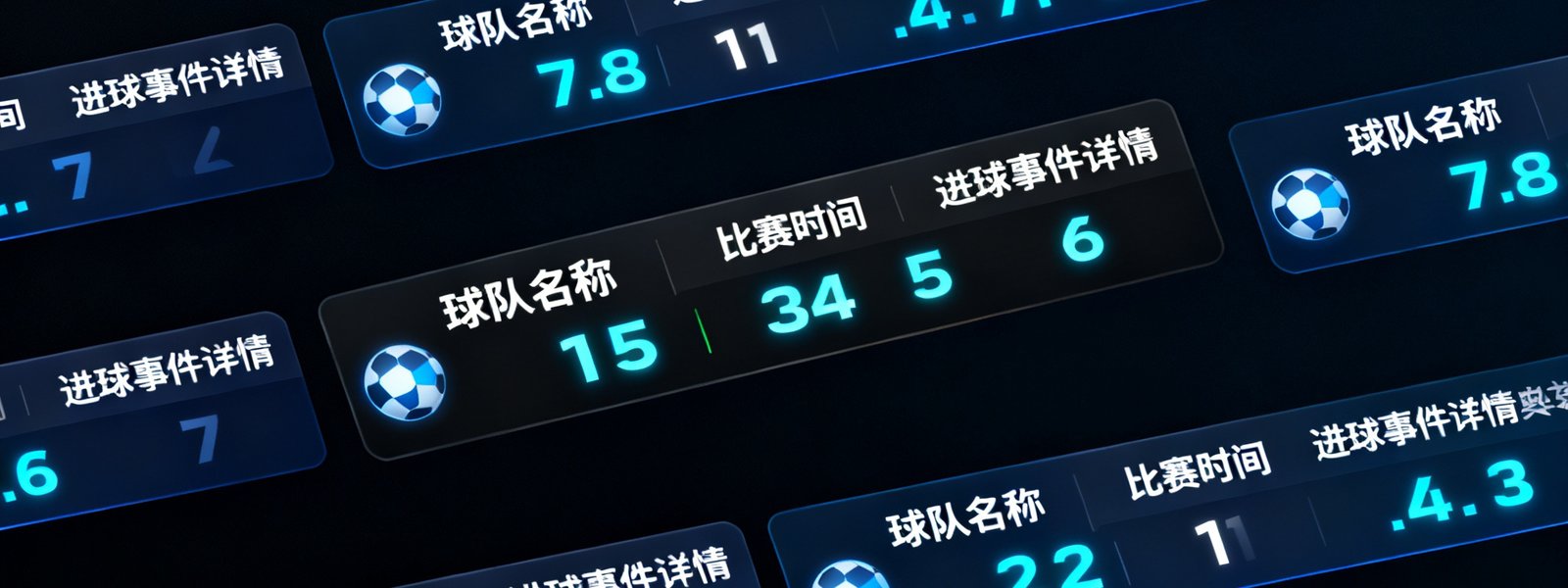 世界杯实时比分数据面板全景展示，深色界面上排列着多场比赛的实时比分卡片，包含球队名称、进球数、比赛时间和进球事件详情，数据高亮显示